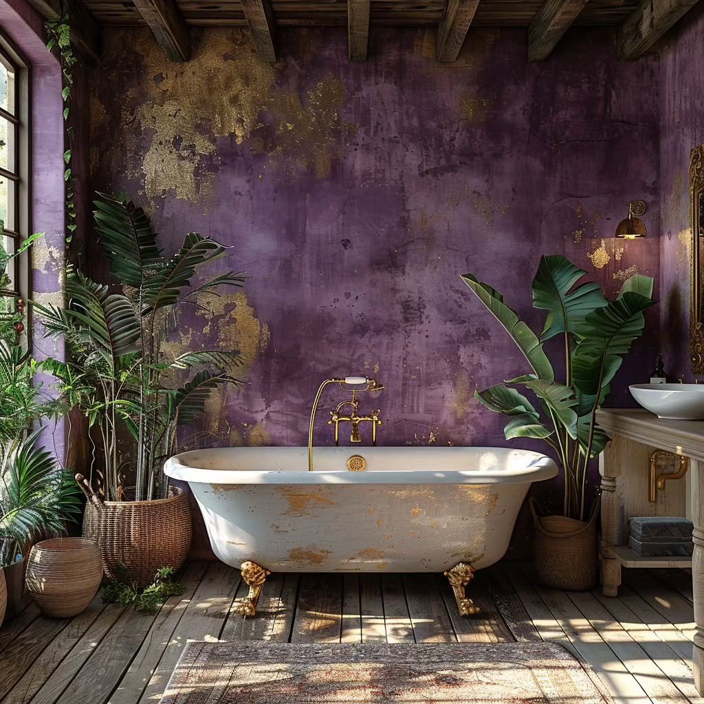 Jaw-Dropping Purple Bathroom Trends for 2025 6 Rustic Elegance With Purple And Gold