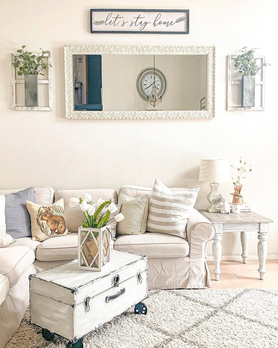 Jaw-Dropping Spring Living Room Makeovers for 2025 18 Neutral Farmhouse With Fresh Tulips