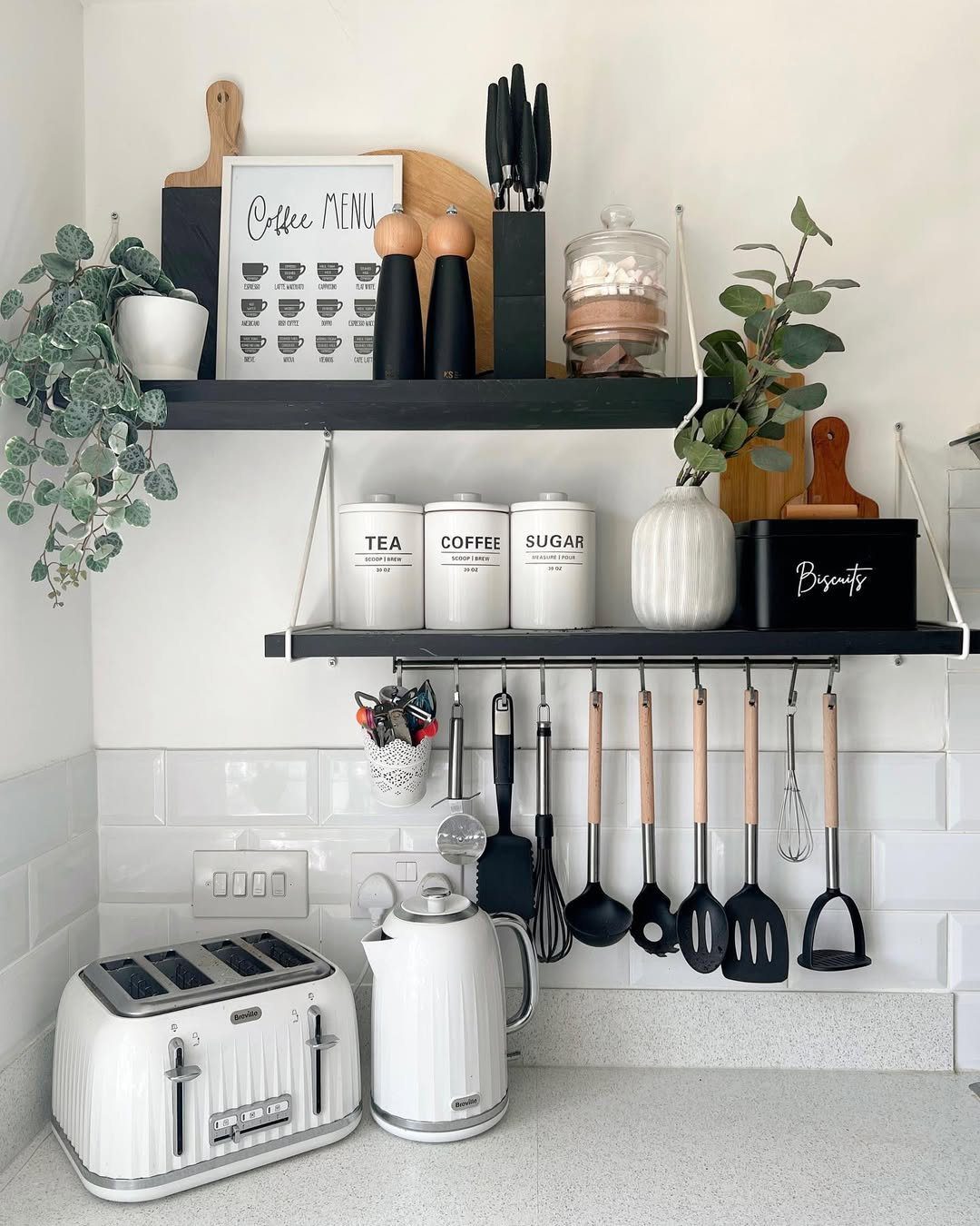 25 Stunning Kitchen Shelf Hacks You Need in 2025! 2 Monochrome Elegance With Functional Charm