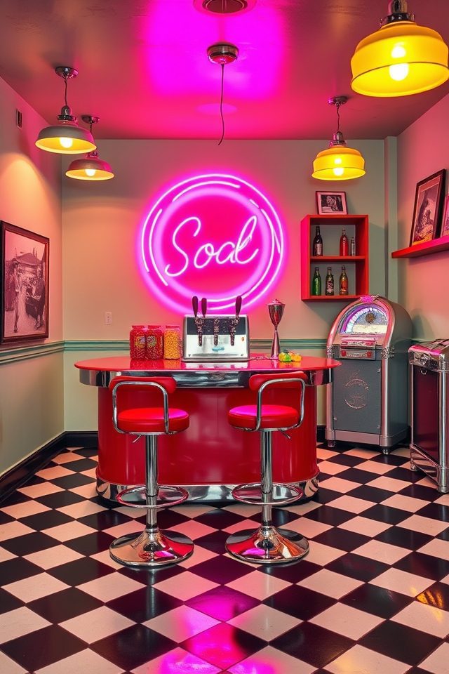 12 Basement Room Decor Ideas for a Cool National Ice Cream Day Retreat 8 1950s style soda shop