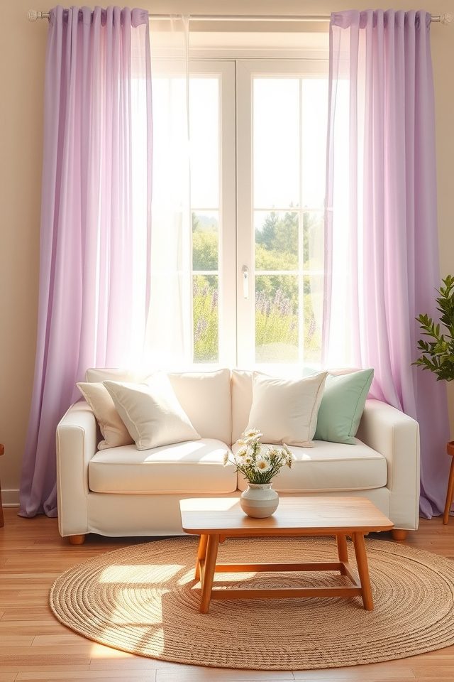 15 Pastel Summer Living Room Ideas 3 airy serene lavender curtains