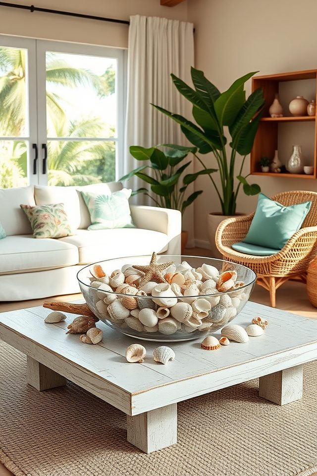 19 Tropical Living Room Decor Ideas to Bring Hawaiian Bliss Home 8 arrange seashells creatively tropically