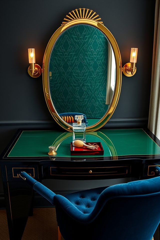 16 Glamorous Vanity Setup Ideas for Your Aesthetic Bedroom 6 art deco bold tones