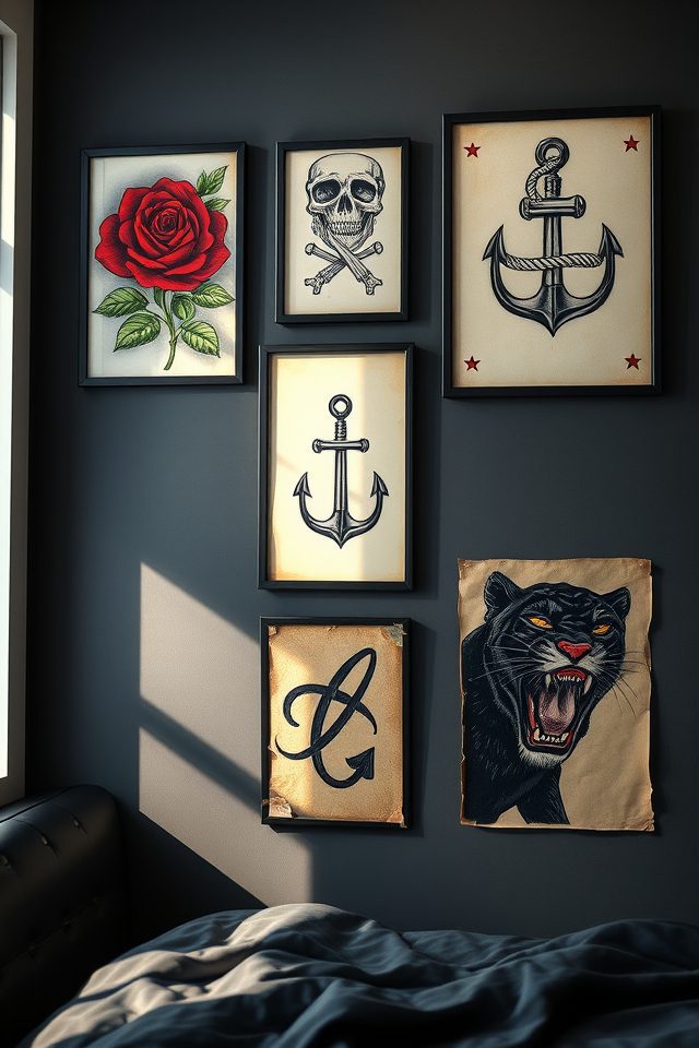 16 Edgy Tattoo-Inspired Decor Ideas for an Artistic Bedroom 2 authentic vintage tattoo prints