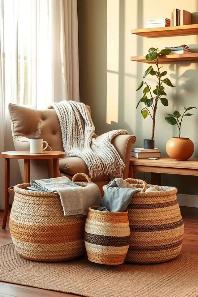 18 Ultimate Cozy Corner Ideas to Create Your Personal Haven 16 baskets for hidden storage