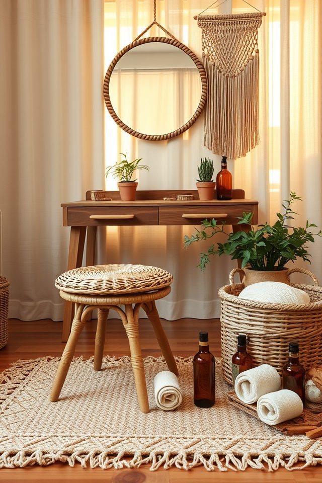 16 Glamorous Vanity Setup Ideas for Your Aesthetic Bedroom 5 bohemian woven vanity essentials