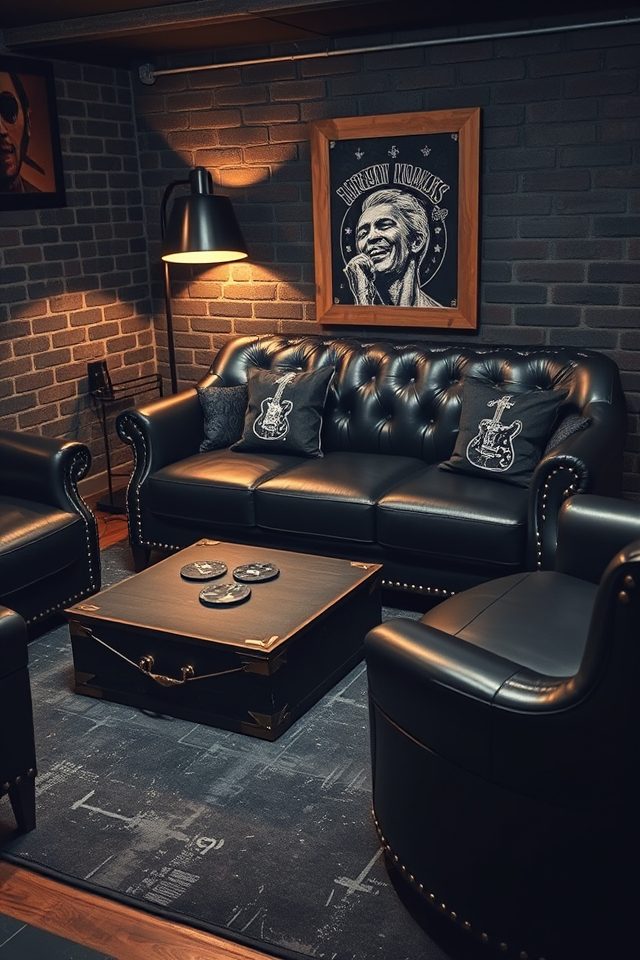 15 Epic Rock 'n' Roll Themed Basement Decor Ideas 7 bold edgy leather seating