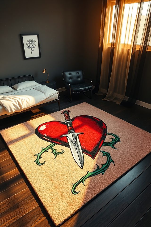 16 Edgy Tattoo-Inspired Decor Ideas for an Artistic Bedroom 9 edgy tattoo heart rugs