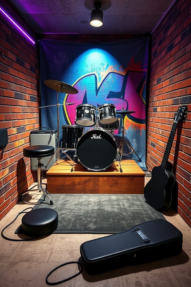 15 Epic Rock 'n' Roll Themed Basement Decor Ideas 5 elevated drum kit corner