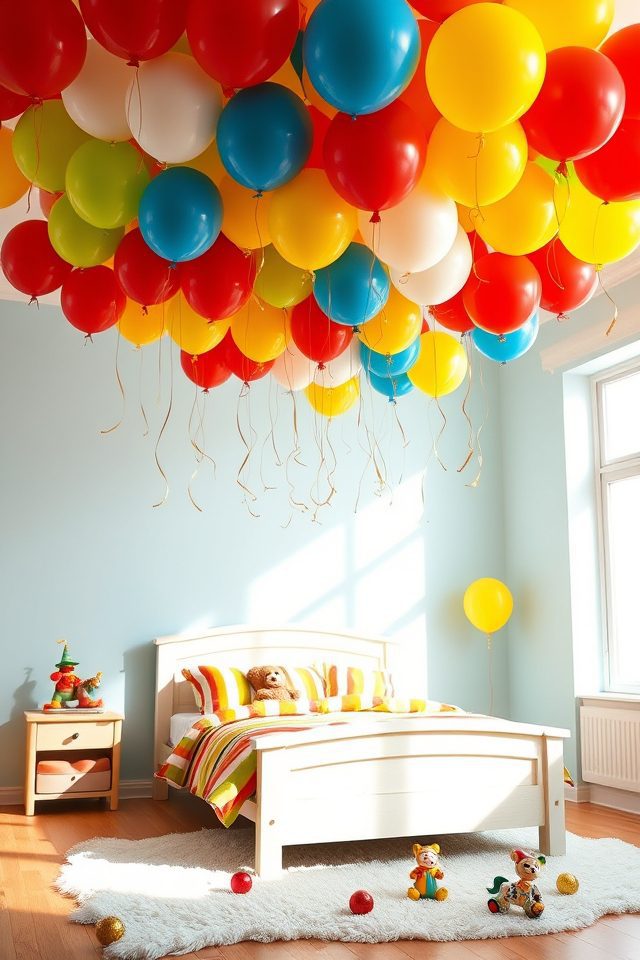 15 Playful Carnival-Themed Kids Room Decor Ideas for Endless Fun 12 floating carnival balloon clusters