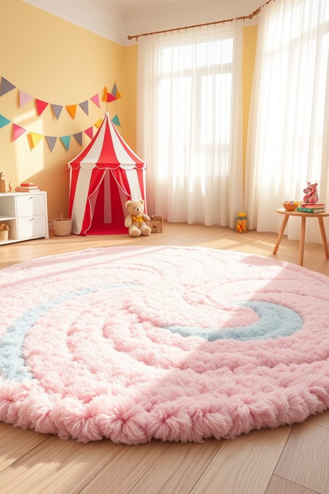 15 Playful Carnival-Themed Kids Room Decor Ideas for Endless Fun 15 fluffy pastel swirls rug