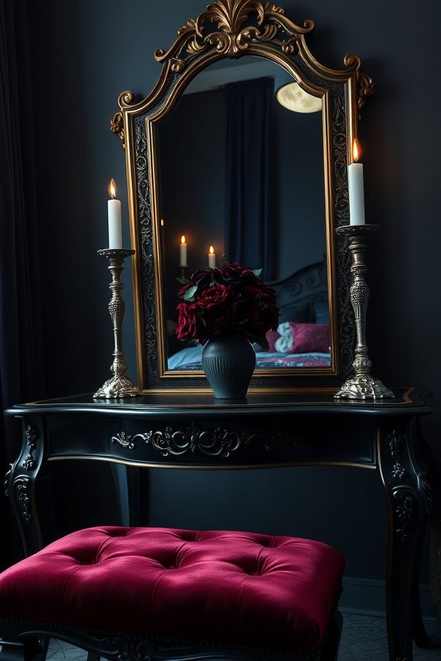 16 Glamorous Vanity Setup Ideas for Your Aesthetic Bedroom 11 gothic velvet vanity glamour