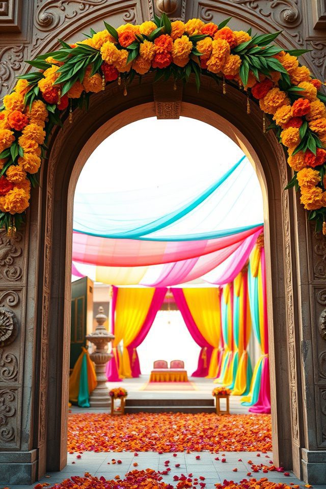 13 Desi Wedding Decor Inspirations for a Vibrant National Cousins Day 9 handcrafted torans adorn entrances