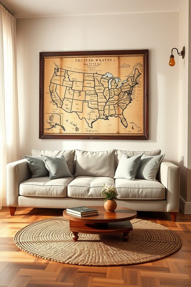 15 Patriotic Living Room Decor Ideas for July 4th 13 historical map wall hanging