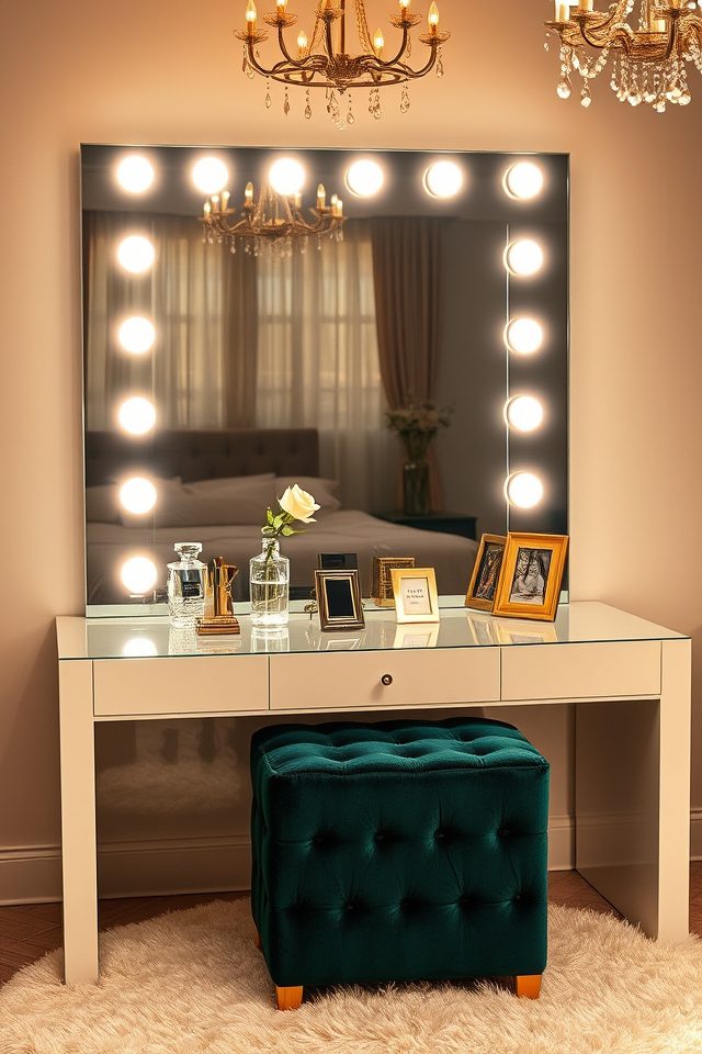 16 Glamorous Vanity Setup Ideas for Your Aesthetic Bedroom 1 hollywood glam led mirror