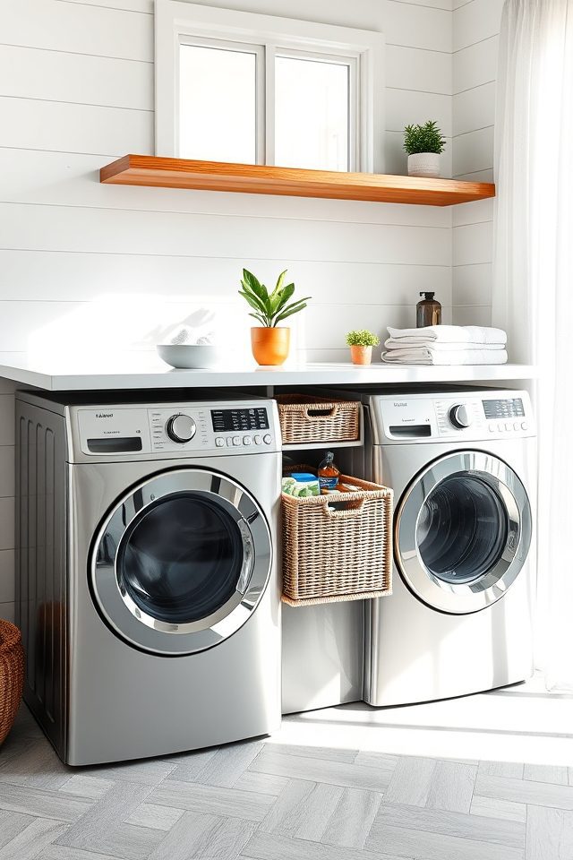 14 Laundry Room Decor Ideas to Brighten National Simplicity Day 8 install stylish under shelf baskets