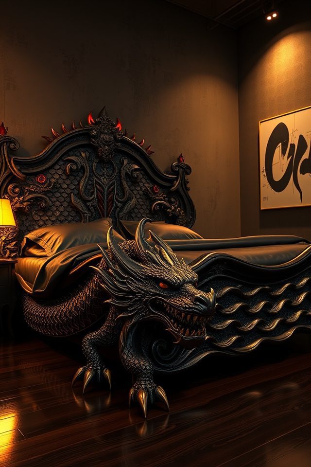 16 Edgy Tattoo-Inspired Decor Ideas for an Artistic Bedroom 8 intricate dragon scales bedframe