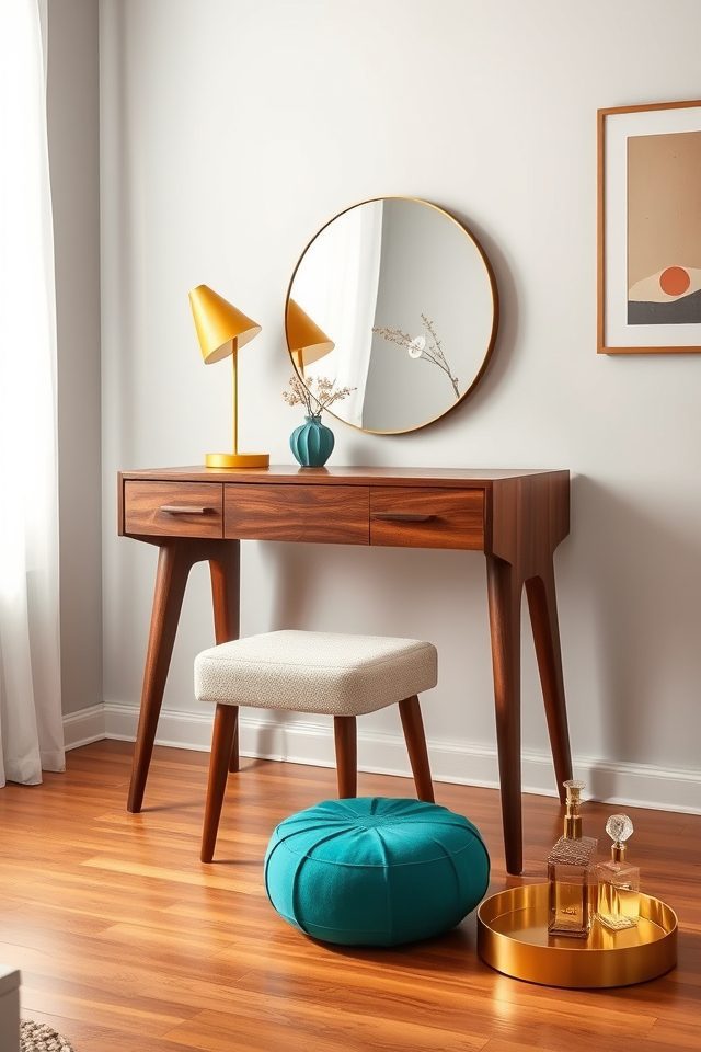 16 Glamorous Vanity Setup Ideas for Your Aesthetic Bedroom 12 mid century retro vanity elegance