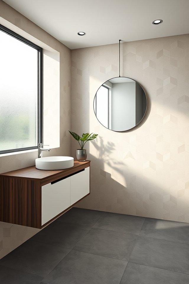 18 Bathroom Wallpaper Ideas to Celebrate National Vanilla Ice Cream Day 13 milky geometric modern flair