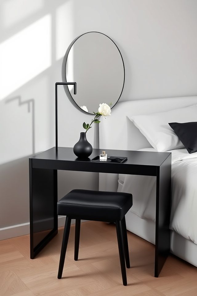 16 Glamorous Vanity Setup Ideas for Your Aesthetic Bedroom 2 minimalist chic monochrome vanity