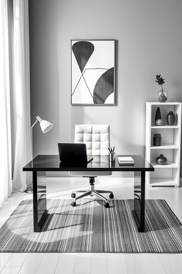 17 Home Office Decor Inspirations for National Workaholics Day 7 minimalist monochrome office design