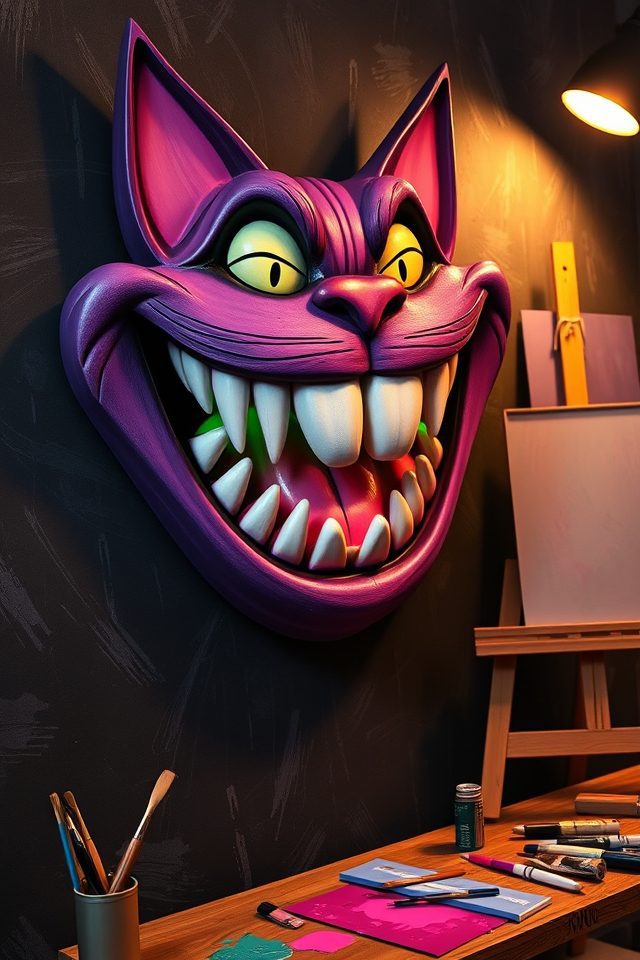 14 Whimsical Art Studio Ideas Inspired by Alice's Adventures 2 mischievous grinning purple decor