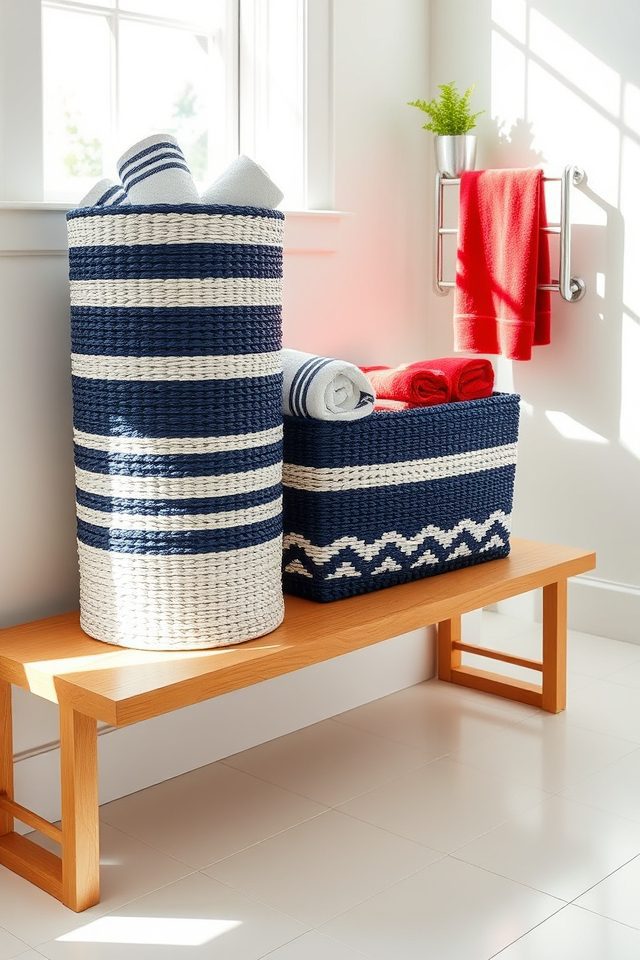 14 Patriotic Bathroom Decor Ideas for July 7 navy white patriotic baskets
