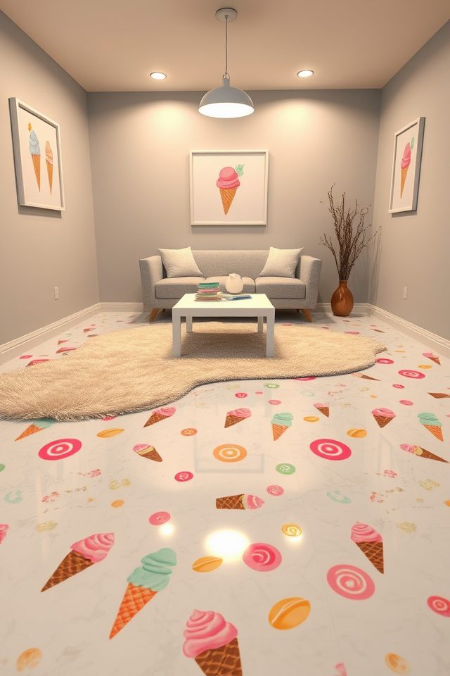 12 Basement Room Decor Ideas for a Cool National Ice Cream Day Retreat 5 playful dessert pattern flooring