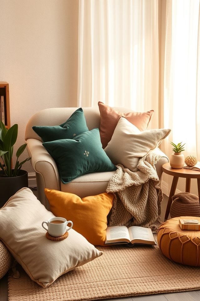 18 Ultimate Cozy Corner Ideas to Create Your Personal Haven 6 plush pillows enhance snugness