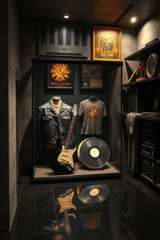 15 Epic Rock 'n' Roll Themed Basement Decor Ideas 14 rock memorabilia led showcase