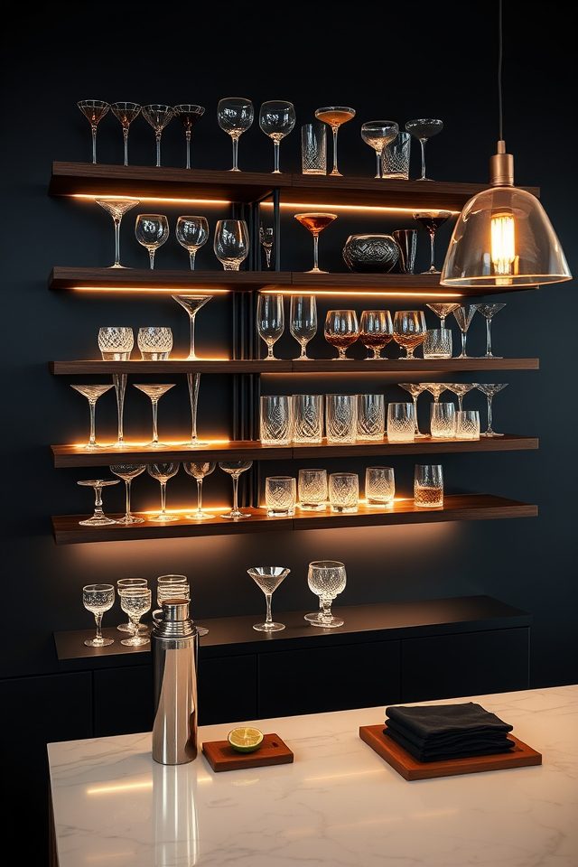 18 Inspiring Home Bar Decor Ideas for Perfect Summer Cocktails 10 showcase glassware stylishly lit