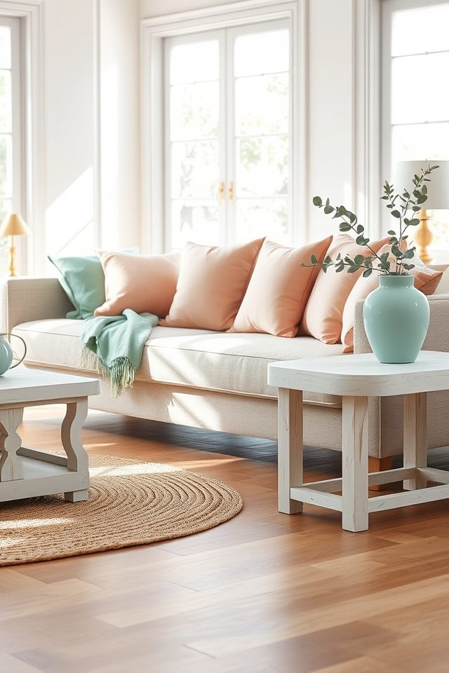 15 Pastel Summer Living Room Ideas 13 subtle pastel coral cushions
