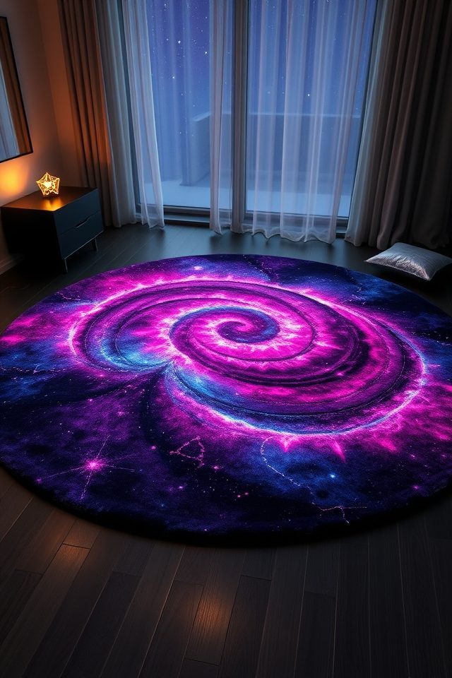 19 Dreamy Celestial Bedroom Ideas to Bring the Night Sky Indoors 14 swirling vibrant nebula rugs