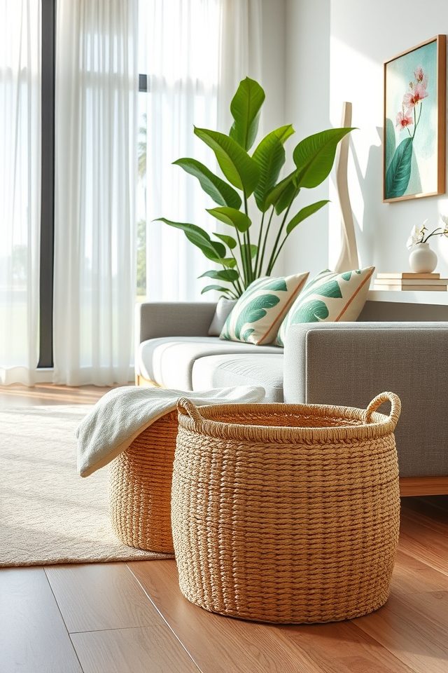 19 Tropical Living Room Decor Ideas to Bring Hawaiian Bliss Home 15 tropical rattan storage baskets