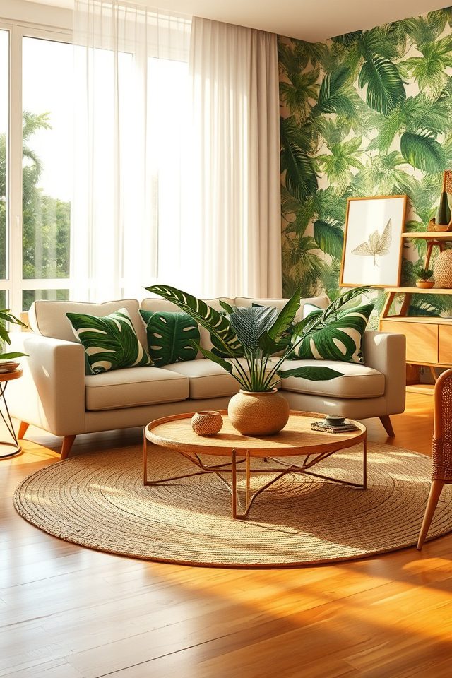 19 Tropical Living Room Decor Ideas to Bring Hawaiian Bliss Home 17 use palm leaf patterns