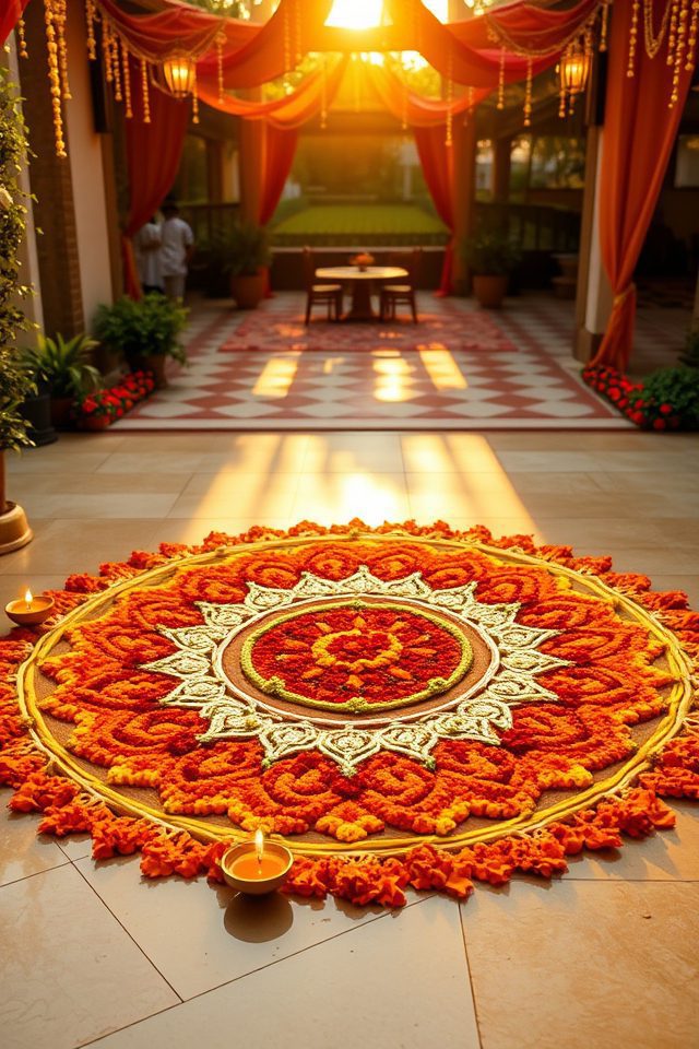 13 Desi Wedding Decor Inspirations for a Vibrant National Cousins Day 7 vibrant floral rangoli welcome
