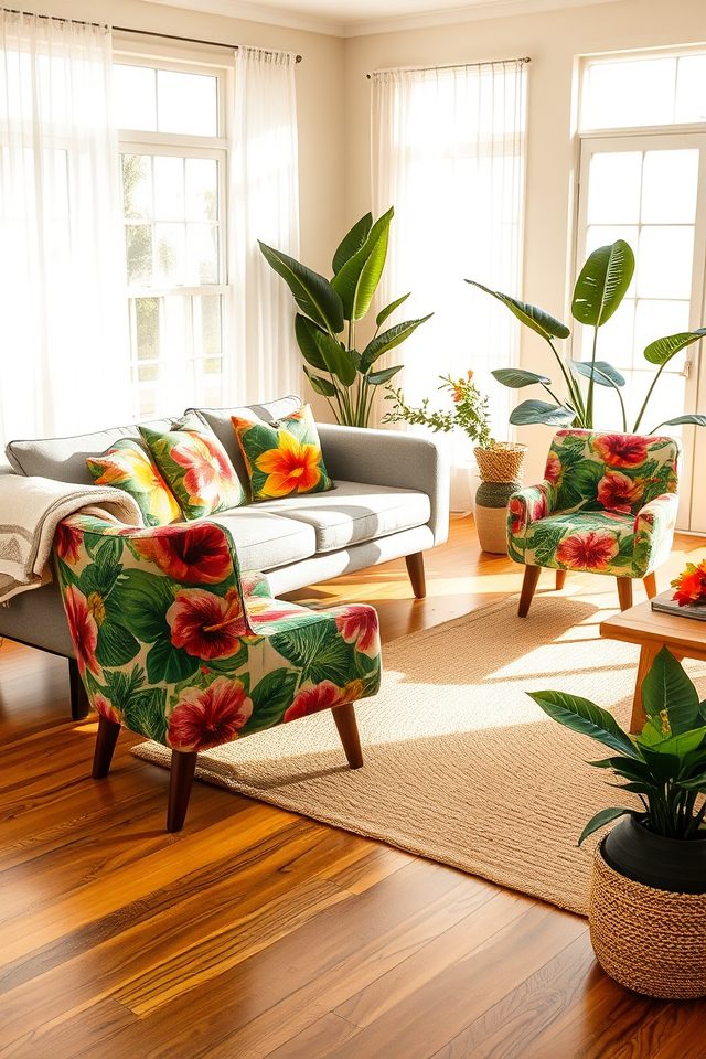 19 Tropical Living Room Decor Ideas to Bring Hawaiian Bliss Home 4 vibrant tropical floral fabrics