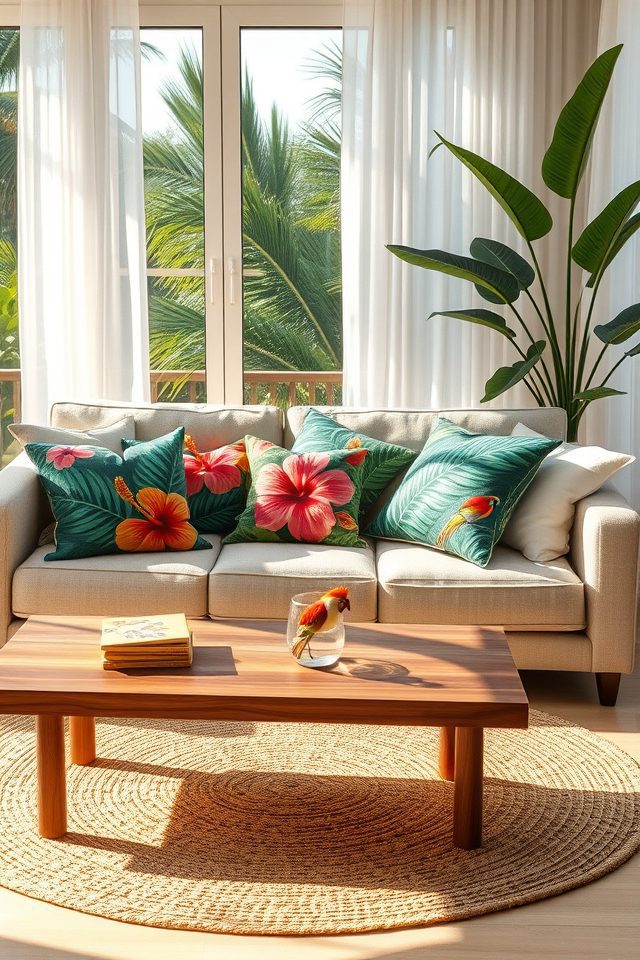 19 Tropical Living Room Decor Ideas to Bring Hawaiian Bliss Home 13 vibrant tropical throw pillows