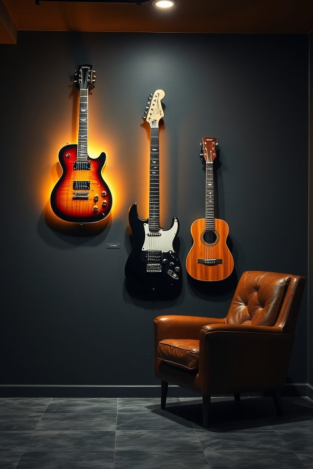 15 Epic Rock 'n' Roll Themed Basement Decor Ideas 1 vintage guitar wall display