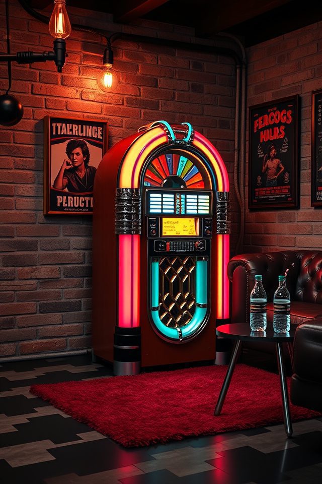 15 Epic Rock 'n' Roll Themed Basement Decor Ideas 6 vintage neon chrome jukebox