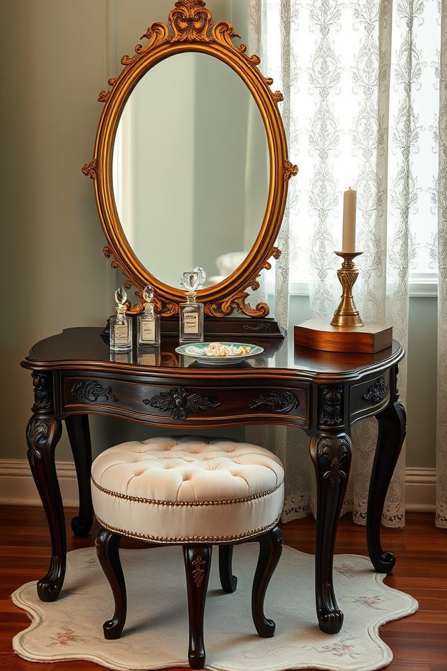 16 Glamorous Vanity Setup Ideas for Your Aesthetic Bedroom 3 vintage ornate elegance details