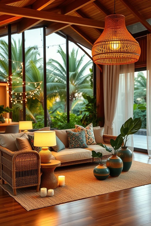 19 Tropical Living Room Decor Ideas to Bring Hawaiian Bliss Home 14 warm diffused tropical lighting