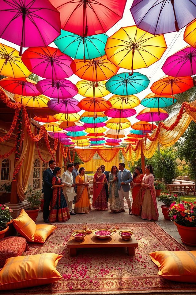 13 Desi Wedding Decor Inspirations for a Vibrant National Cousins Day 11 whimsical desi wedding umbrellas