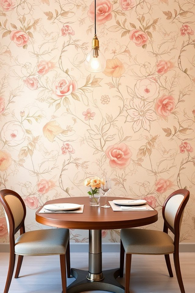15 Wallpaper Ideas for Dining Room Paneling to Inspire You 3 floral wallpaper enhances dining elegance