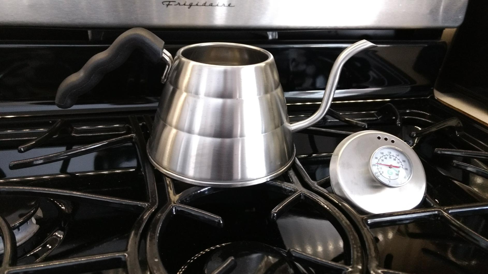 Coffee Gator Gooseneck Kettle with Thermometer - 40oz Premium Stainless Steel Pour Over Coffee Maker Kettles, Stove Top, w/Precision Drip Spout, for Drip Coffee, French Press, Tea Kettle, 5 Cup Customer Review Coffee Gator Gooseneck Kettle with Thermometer - 40oz Premium Stainless Steel Pour Over Coffee Maker Kettles, Stove Top, w/Precision Drip Spout, for Drip Coffee, French Press, Tea Kettle, 5 Cup - Customer Photo 1