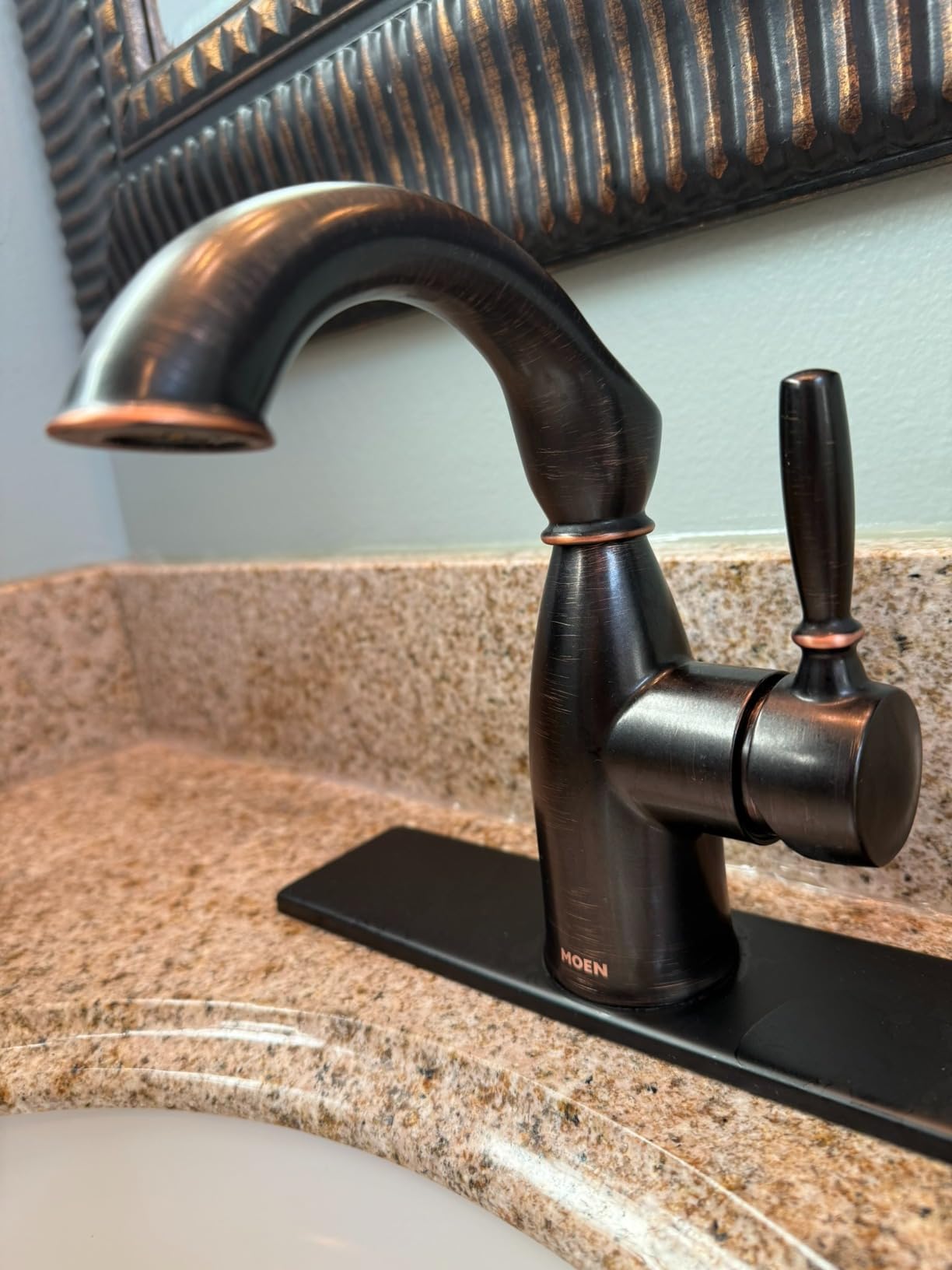 Moen Sarona Mediterranean Bronze One-Handle Single Hole Rustic Farmhouse Bathroom Sink Faucet with Optional Deckplate, 84144BRB Customer Review Moen Sarona Mediterranean Bronze One-Handle Single Hole Rustic Farmhouse Bathroom Sink Faucet with Optional Deckplate, 84144BRB - Customer Photo 1