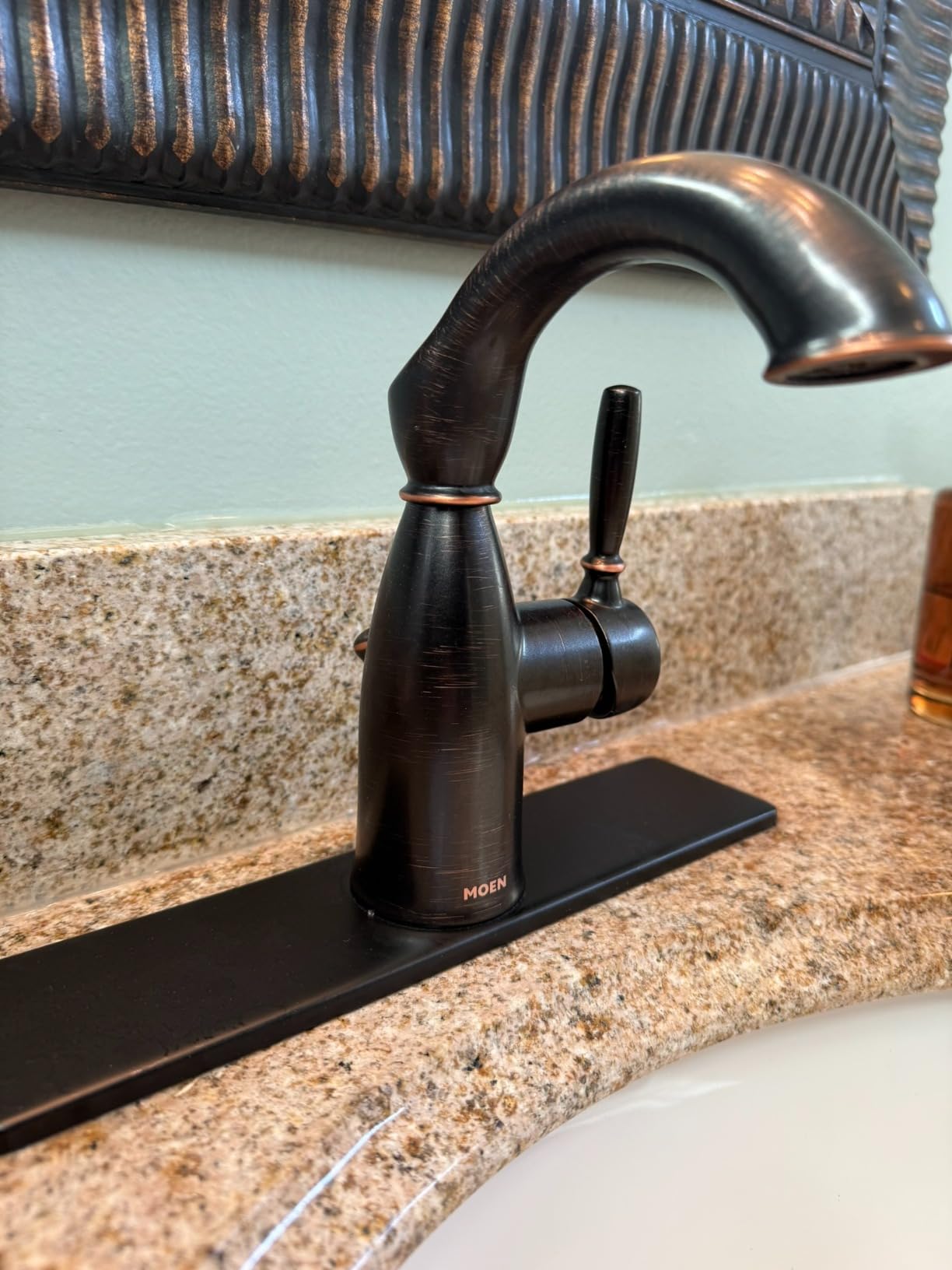 Moen Sarona Mediterranean Bronze One-Handle Single Hole Rustic Farmhouse Bathroom Sink Faucet with Optional Deckplate, 84144BRB Customer Review Moen Sarona Mediterranean Bronze One-Handle Single Hole Rustic Farmhouse Bathroom Sink Faucet with Optional Deckplate, 84144BRB - Customer Photo 2