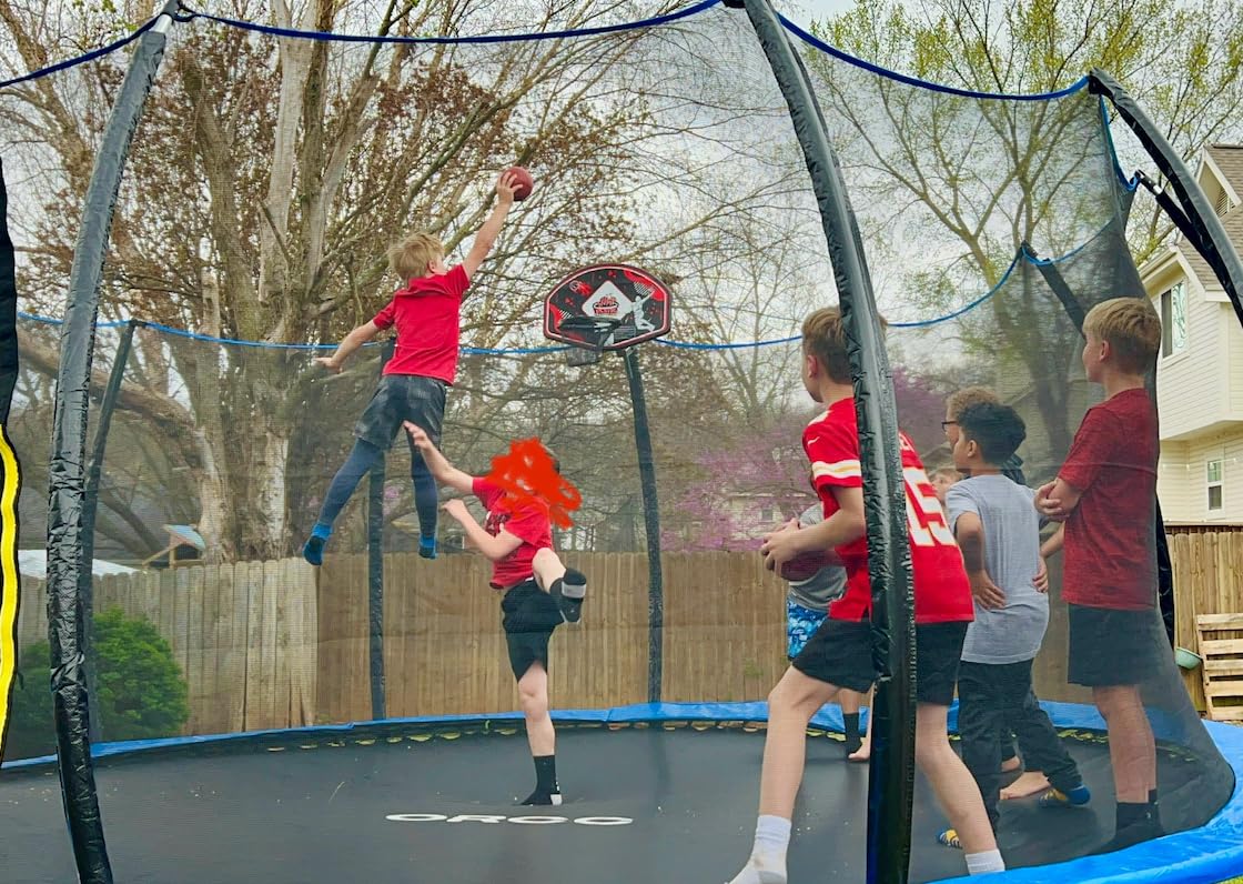 Jump Tastic Trampoline Trampoline Basketball Hoop, Fits Straight and Curved Pole Basketball Hoop for Trampoline, Universal Attachment with Mini Ball and Pump Customer Review Jump Tastic Trampoline Trampoline Basketball Hoop, Fits Straight and Curved Pole Basketball Hoop for Trampoline, Universal Attachment with Mini Ball and Pump - Customer Photo 1