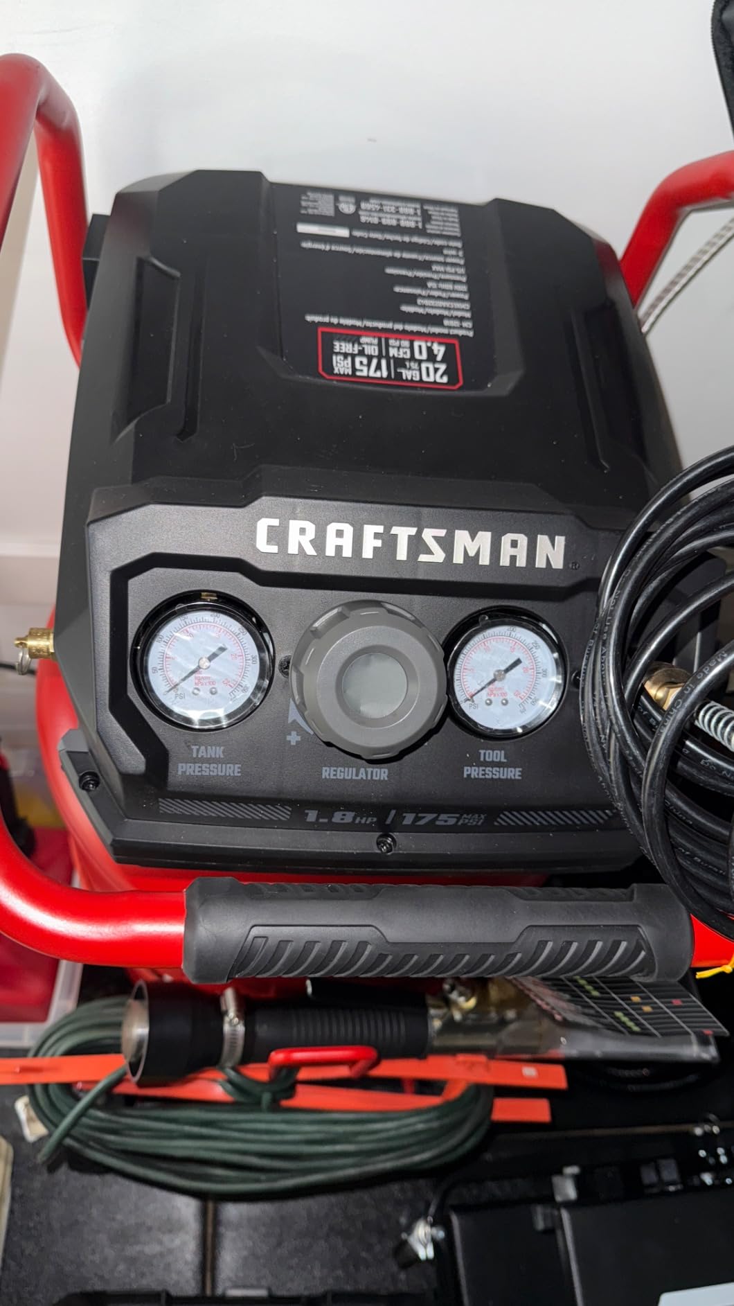 Craftsman Air Compressor, 20 Gallon Oil-Free 1.8 HP Max 175 PSI Pressure Two Quick Couplers Big Capacity, Red- CMXECXA0232043 Customer Review Craftsman Air Compressor, 20 Gallon Oil-Free 1.8 HP Max 175 PSI Pressure Two Quick Couplers Big Capacity, Red- CMXECXA0232043 - Customer Photo 1