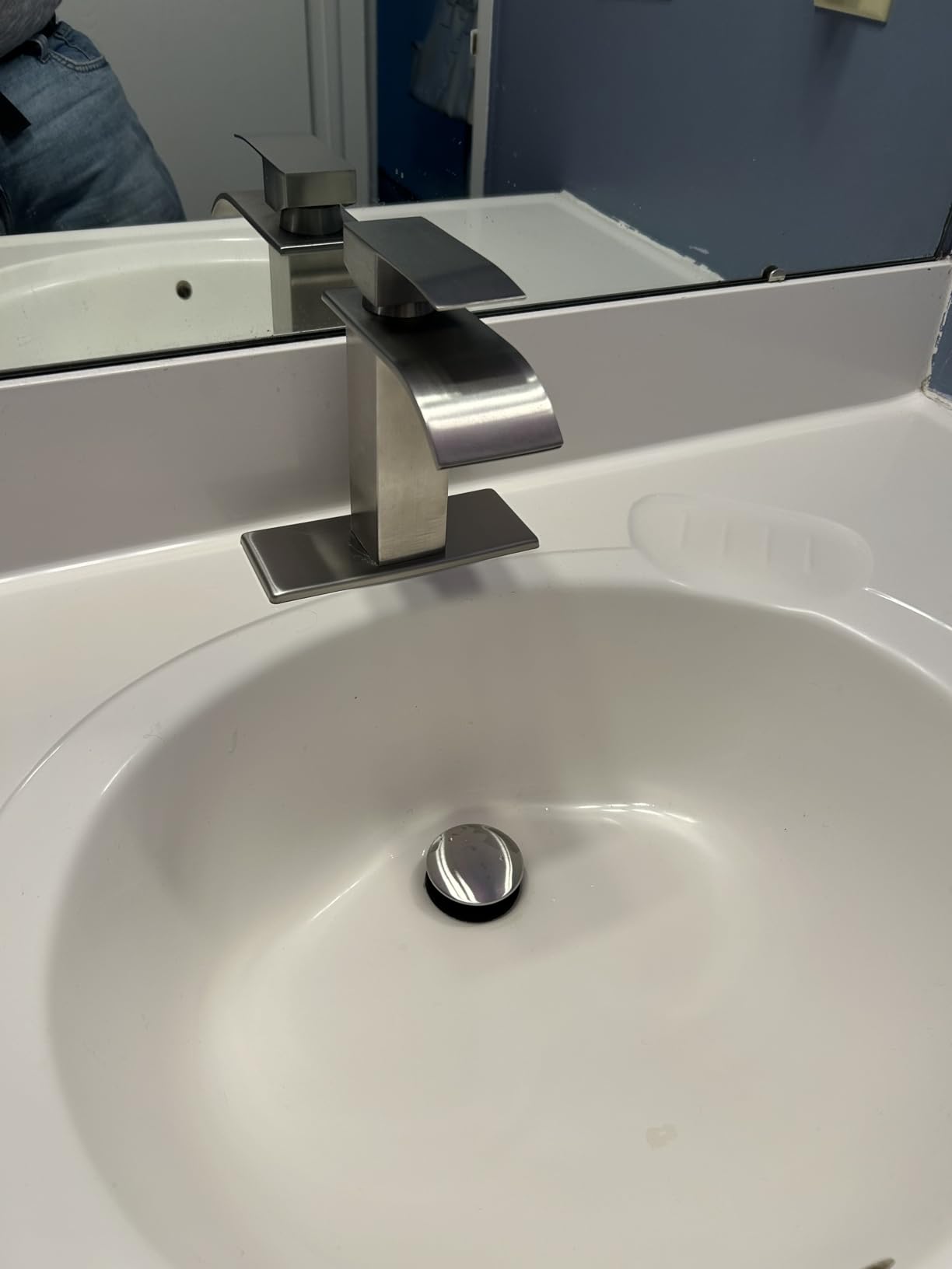Bathroom Faucet Brushed Nickel Modern Waterfall Bathroom Sink Faucet with Single Handle Suitable for 1 or 3 Holes,Supply Deck Plate and Hose Customer Review Bathroom Faucet Brushed Nickel Modern Waterfall Bathroom Sink Faucet with Single Handle Suitable for 1 or 3 Holes,Supply Deck Plate and Hose - Customer Photo 1